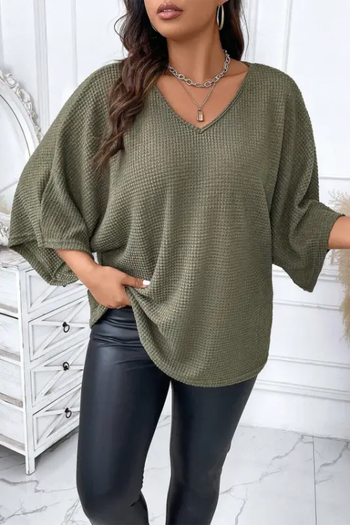 Jungle Green Plus Size V Neck Textured Knit Dolman Top – Image 4