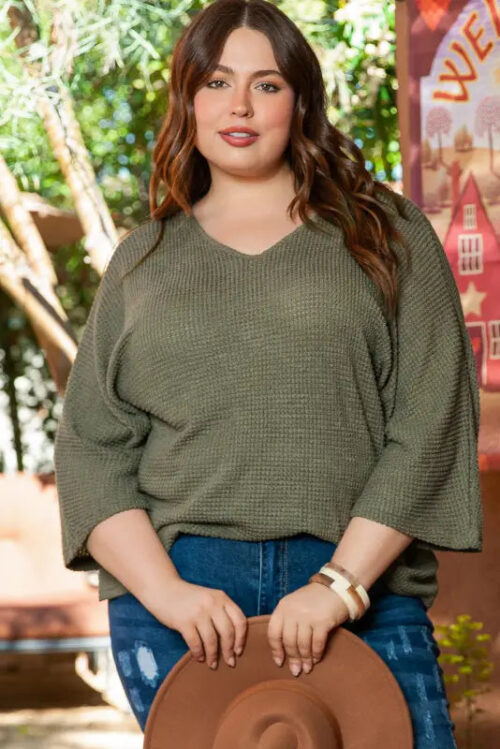 Jungle Green Plus Size V Neck Textured Knit Dolman Top – Image 5