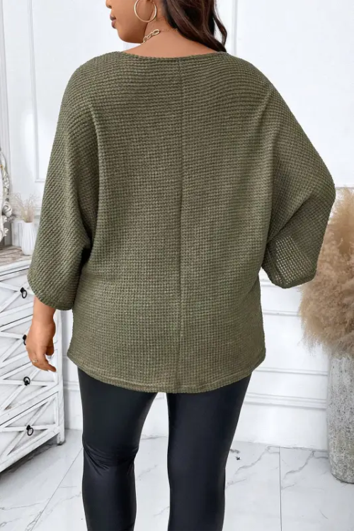 Jungle Green Plus Size V Neck Textured Knit Dolman Top – Image 2